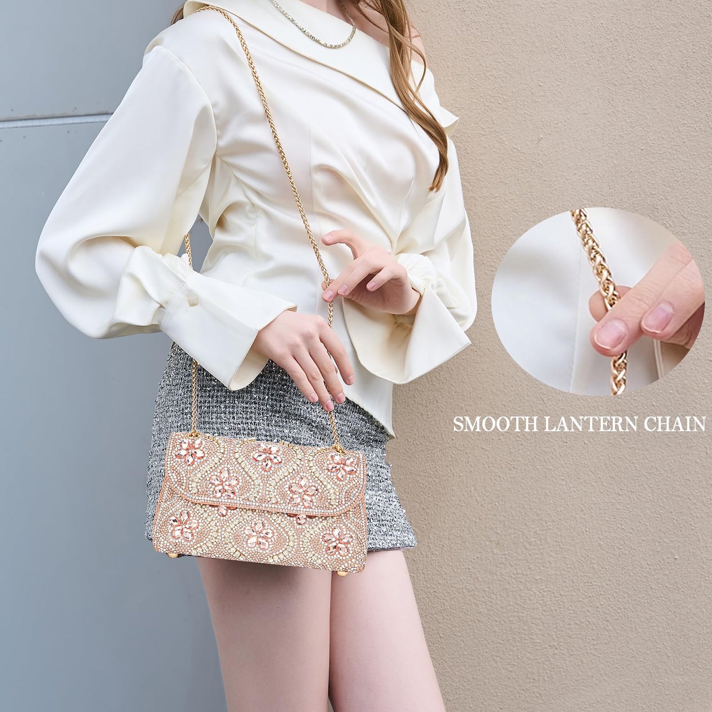 BBTT.ful Flower Evening Handbags Chain Strap Square Shoulder Bag Crossbody Bag Crystals Rhinestone Clutch Purse (pink champagne)