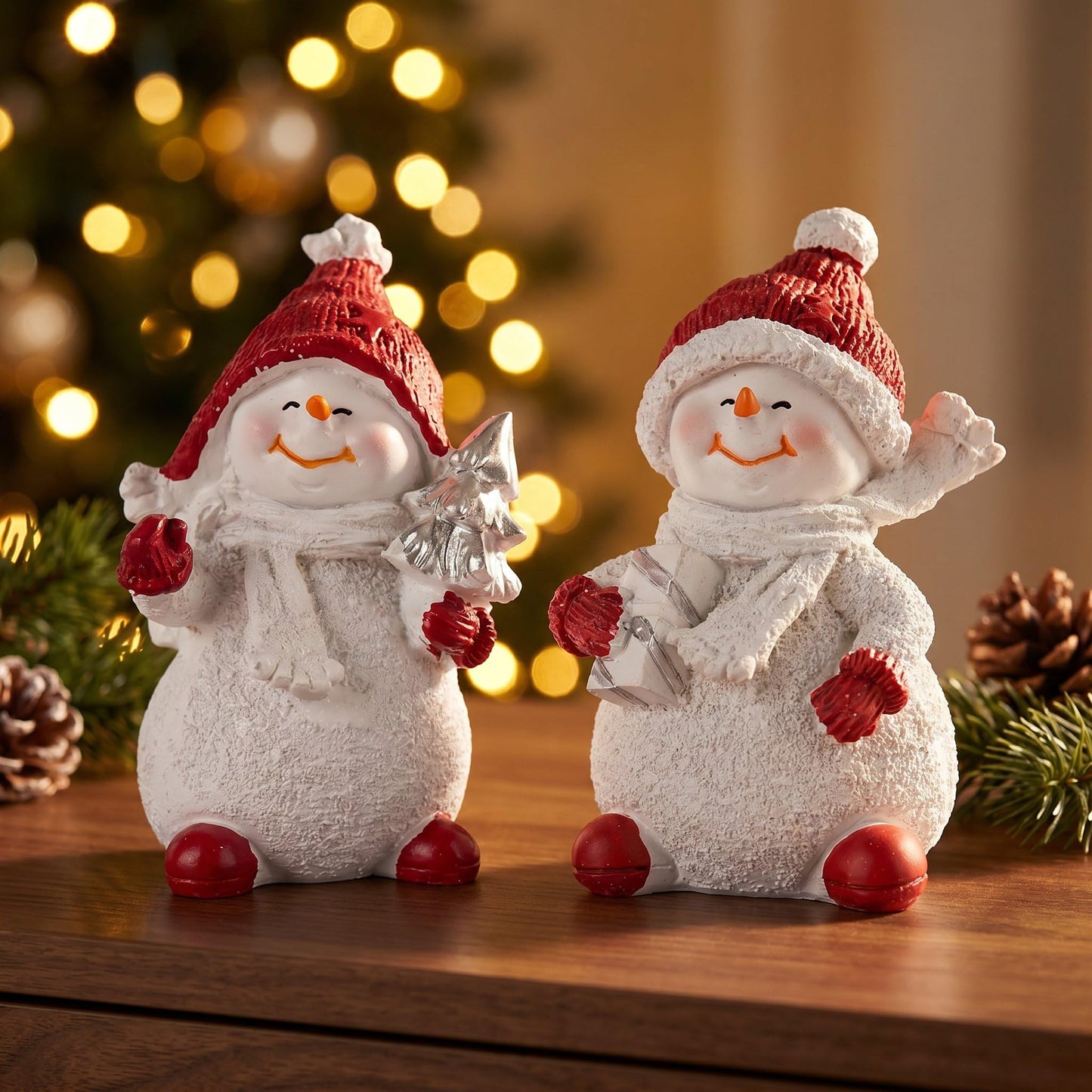 Brizoria Snowman Figurines Set of 2 White Resin Christmas Decorations with Red Accents Winter Mantel Decor and Holiday Centerpieces for Table Home Indoor Tiered Tray Room Display