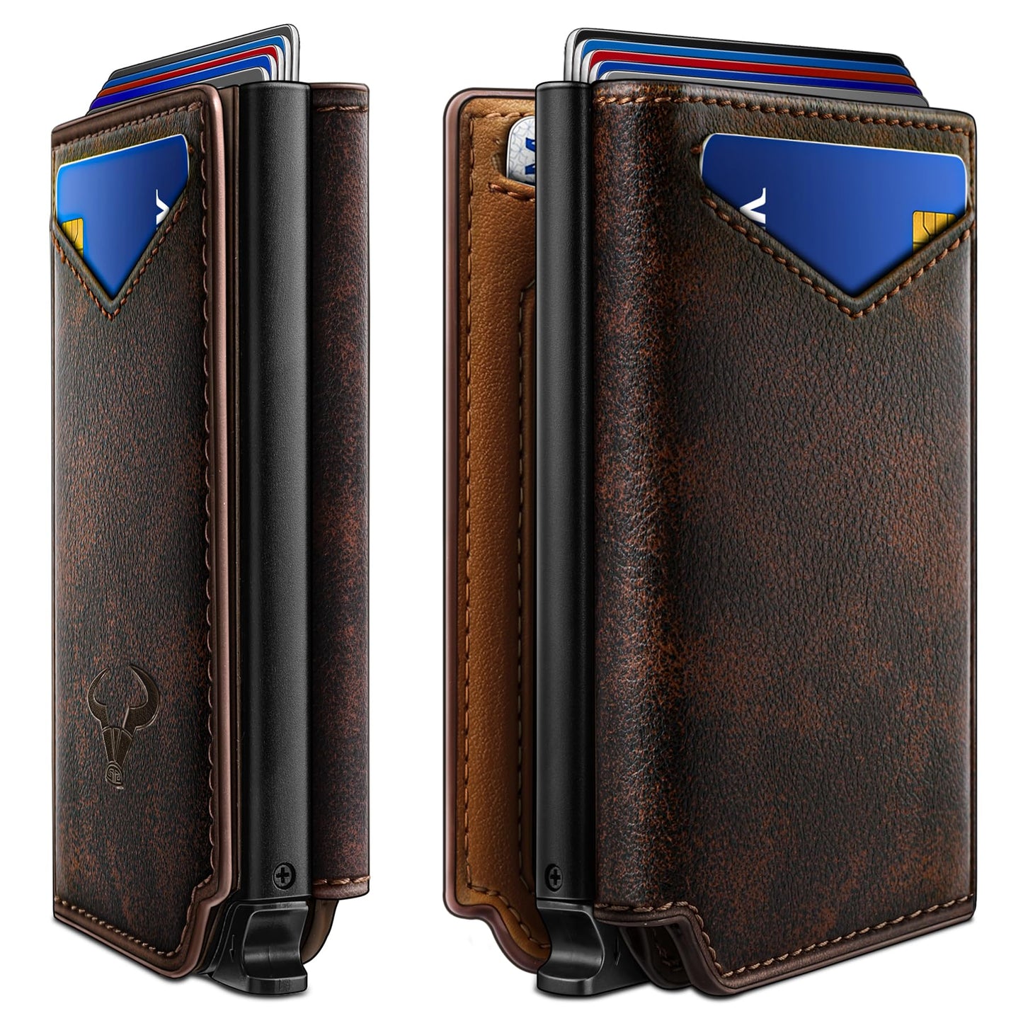 BULLIANT Men Wallet Leather Wallet Card Holders Money Clip for Men 10Cards-Magnetic Flip on Metal Case