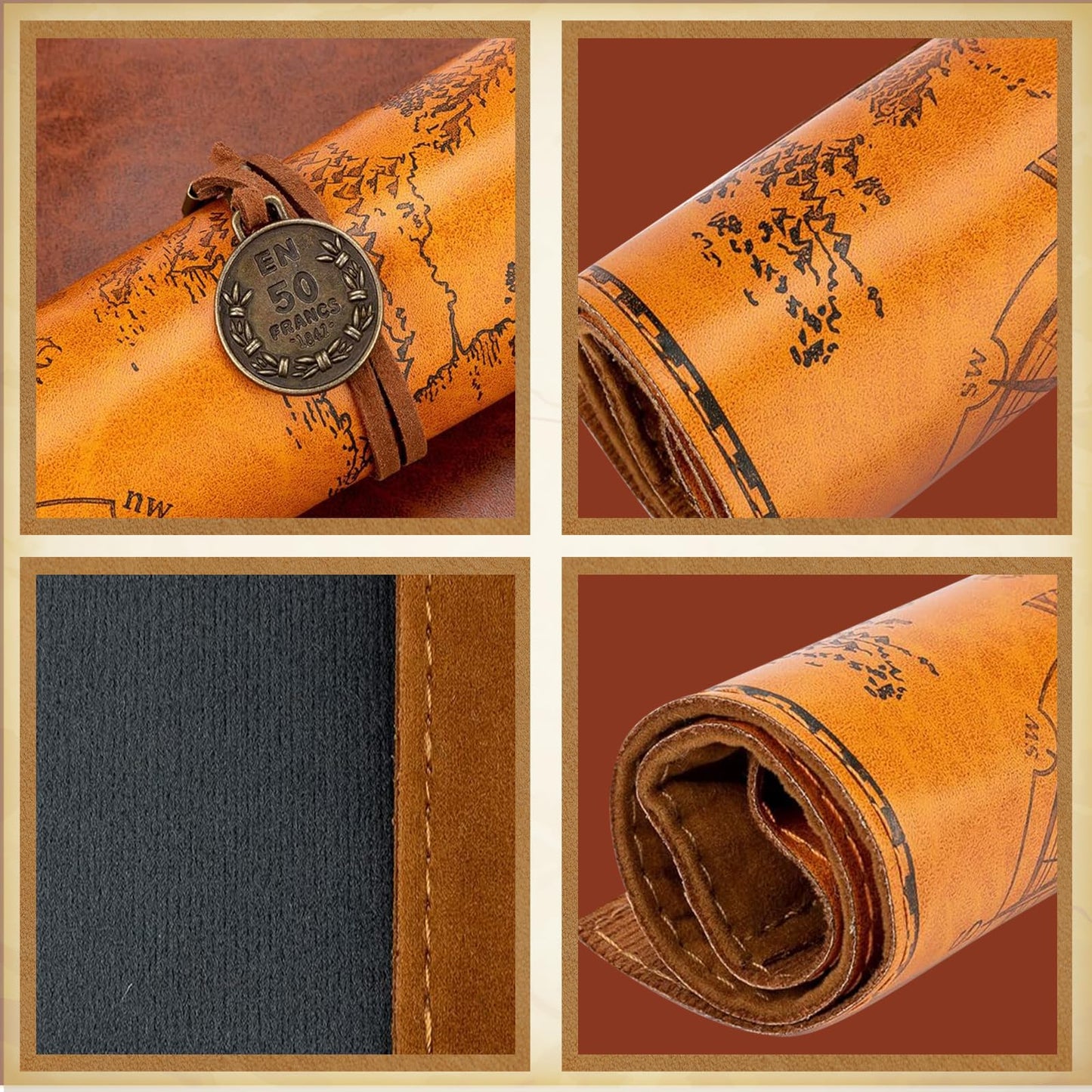 Glavatrix 4 Pieces Leather Pencil Case, Creative Map Rollup Pencil Bag, Vintage Makeup Brush Pouch, Brown PU Matte Smooth Cover Storage Pouch Holder Organizer