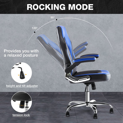 OLIXIS Ergonomic Gaming Office Chair - PU Leather Executive Swivel Computer Desk Chair with Flip-up Armrests and Lumbar Support for Working, Studying, Gaming, Grey, Blue (A-95blue)