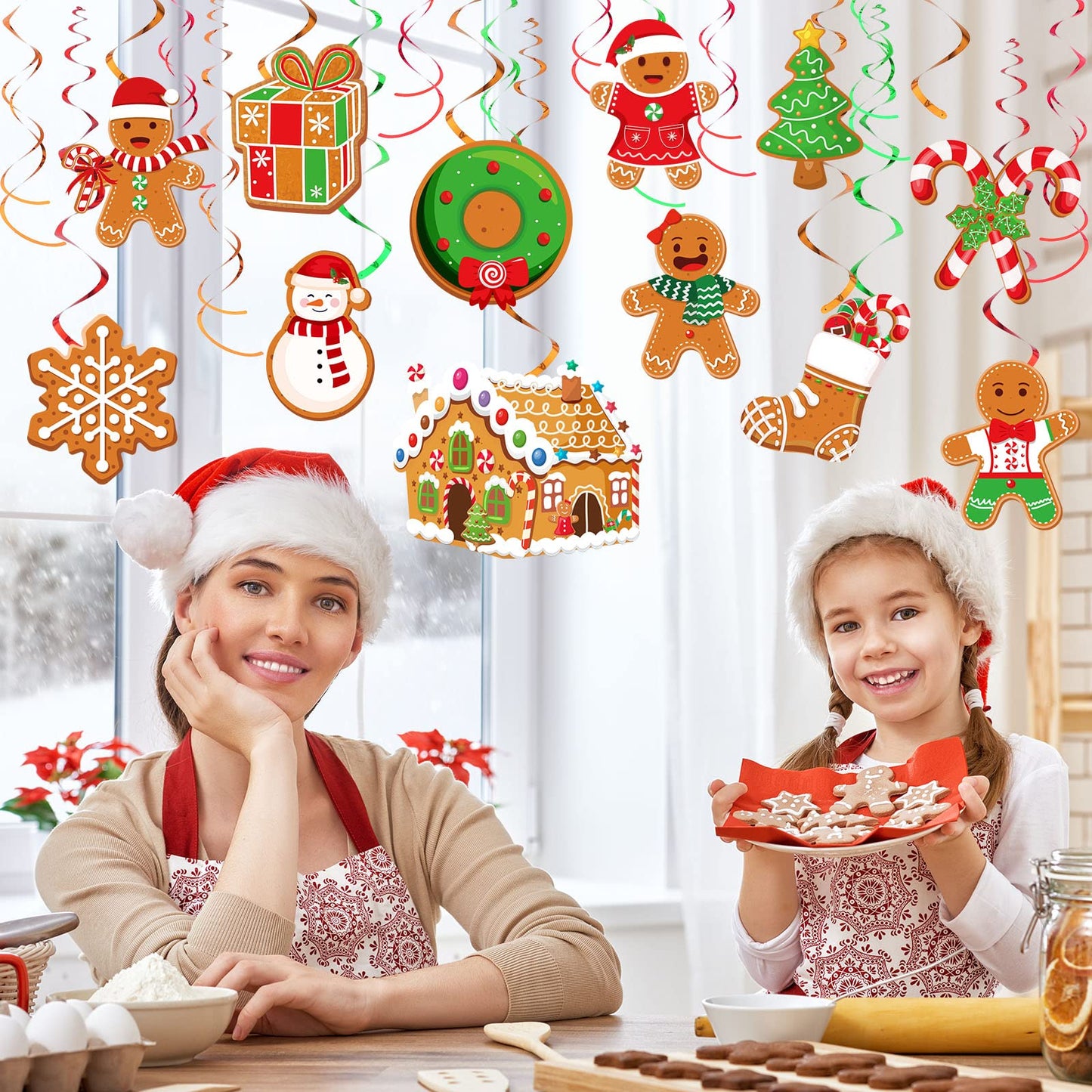 52 Pcs Christmas Gingerbread Man Party Hanging Swirl Decorations, Merry Gingerbread Man Snowflake Christmas Tree Ceiling Hanging Streamers Swirl for Xmas Winter New Year Holiday Party Supplies