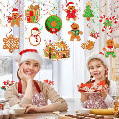 52 Pcs Christmas Gingerbread Man Party Hanging Swirl Decorations, Merry Gingerbread Man Snowflake Christmas Tree Ceiling Hanging Streamers Swirl for Xmas Winter New Year Holiday Party Supplies