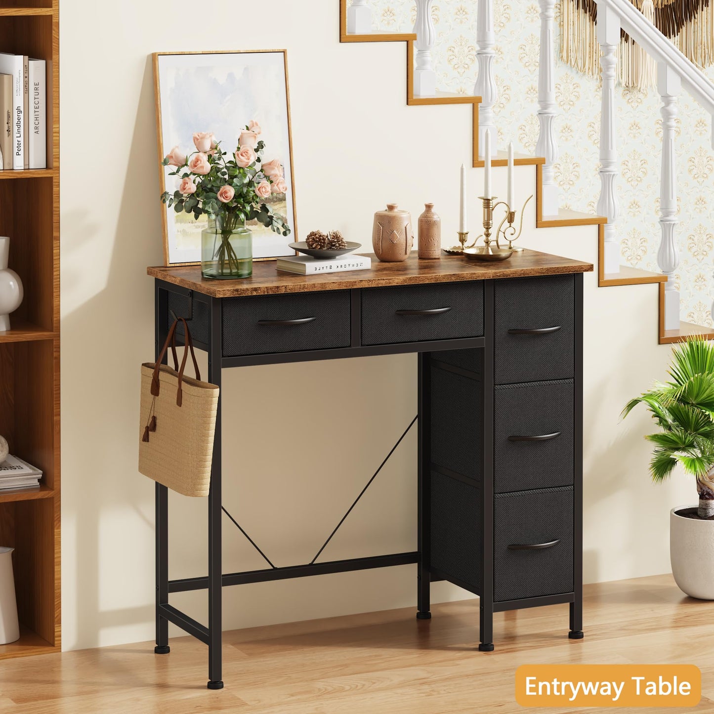 HIGDBFE Small Desk with 5 Fabric Drawers, 33 Inch Writing Desk for Home Office, Simple PC Desks for Small Place, Kids Girls Teen Study Table Vanity for Bedroom, Dorm, Rustic Brown, 14" D