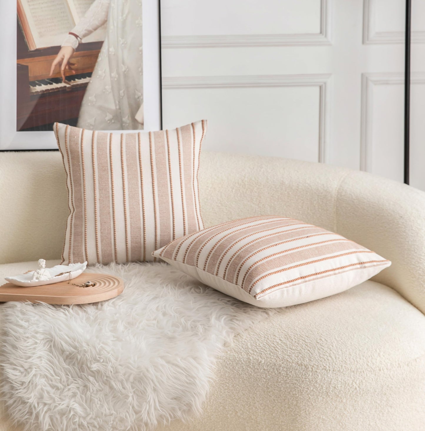 Cethom Decorative Boho Throw Pillow Covers, Farmhouse Textured Pillow Case, 20 x 20 Inch Set of 2, Chair Sofa Bedroom Living Room Home Decor Couch Cushion Case, Brown and Beige Striped