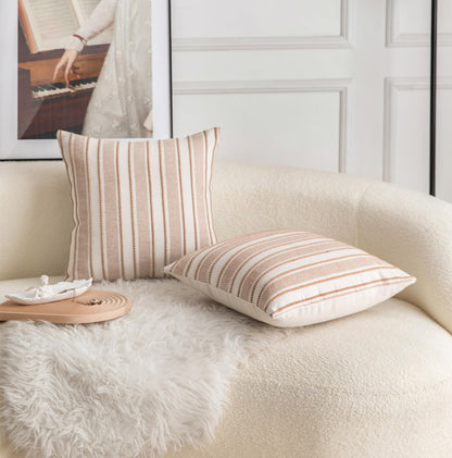 Cethom Decorative Boho Throw Pillow Covers, Farmhouse Textured Pillow Case, 20 x 20 Inch Set of 2, Chair Sofa Bedroom Living Room Home Decor Couch Cushion Case, Brown and Beige Striped