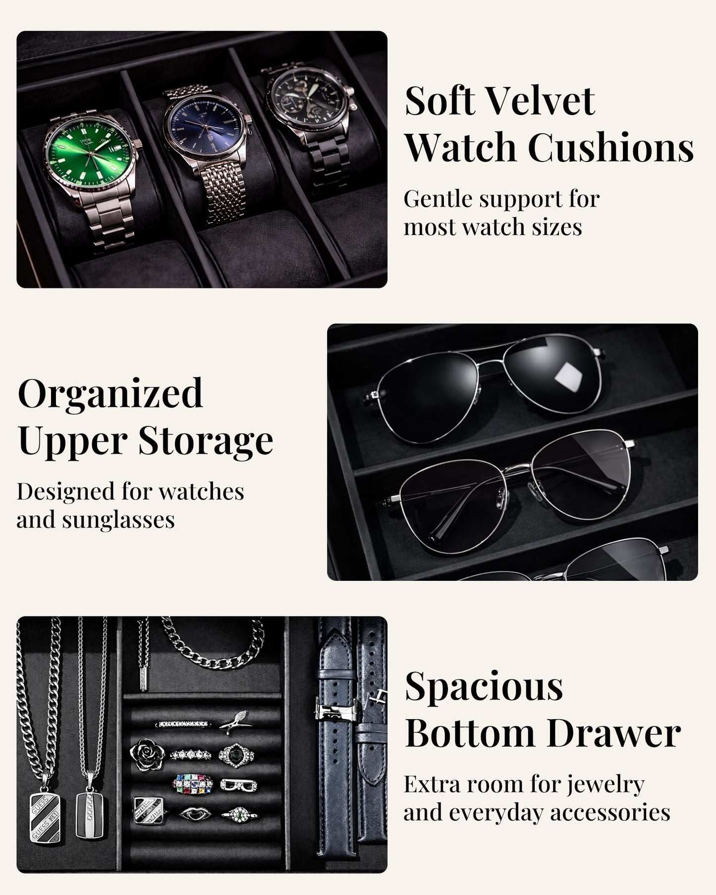 BEWISHOME Men's Wooden Jewelry Box Organizer, 6 Watch and 3 Sunglasses Organizer for Men, Wood Watch Display Case with Glass Lid and PU Leather Interior