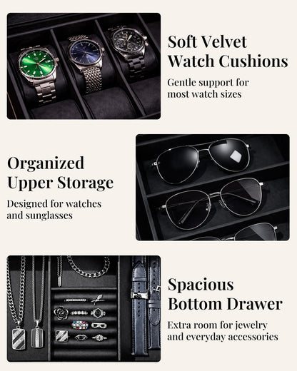 BEWISHOME Men's Wooden Jewelry Box Organizer, 6 Watch and 3 Sunglasses Organizer for Men, Wood Watch Display Case with Glass Lid and PU Leather Interior
