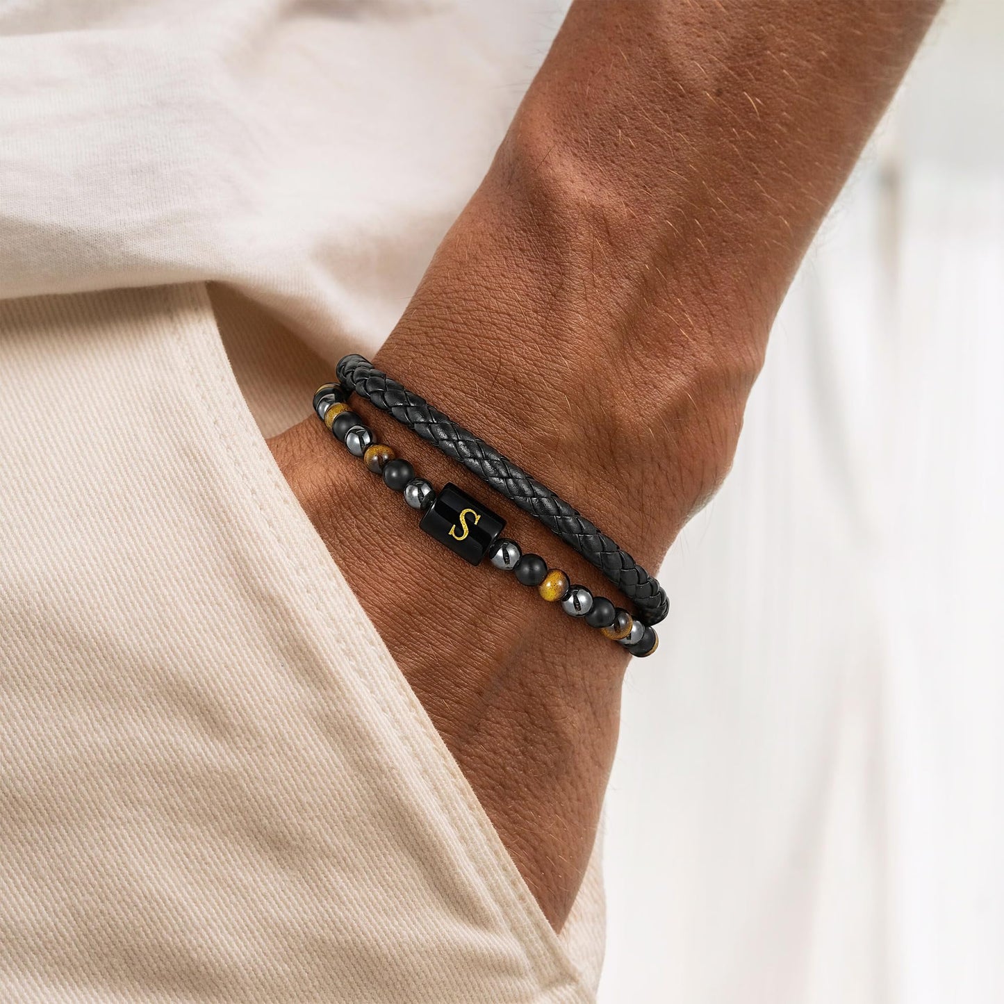 OUTSTHAND Leather Initial Bracelets for Men, Tiger Eye Beaded Bracelets Birthday Gifts for Husband Boyfriend Dad Gifts for Mens Personalized Mens Jewelry Fathers Day Gift for Men