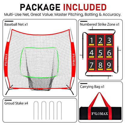 FILOMAX 7x7 ft Baseball & Softball Practice Net with 9 Numbered Strike Zone | PRO Training Net for Hitting, Pitching & Batting | with Carry Bag, Bow Frame for All Ages & Skills