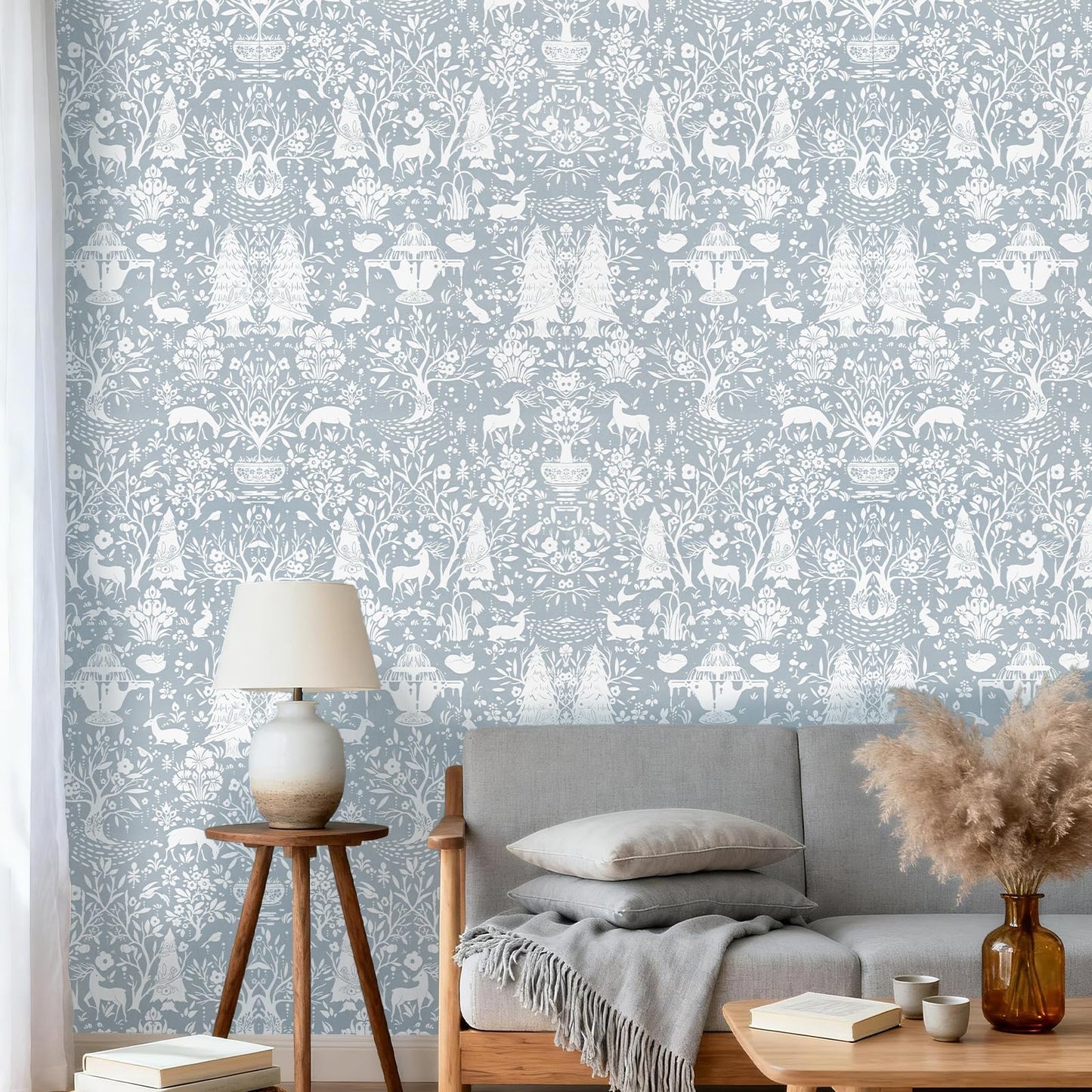 WENMER Forest Animal Wallpaper, 17.7" x 590" Blue and White Contact Paper, Woodland Peel and Stick Wallpaper with Deer Rabbit Fox, Self Adhesive Removable Wall Paper for Living Room Bedroom Nursery