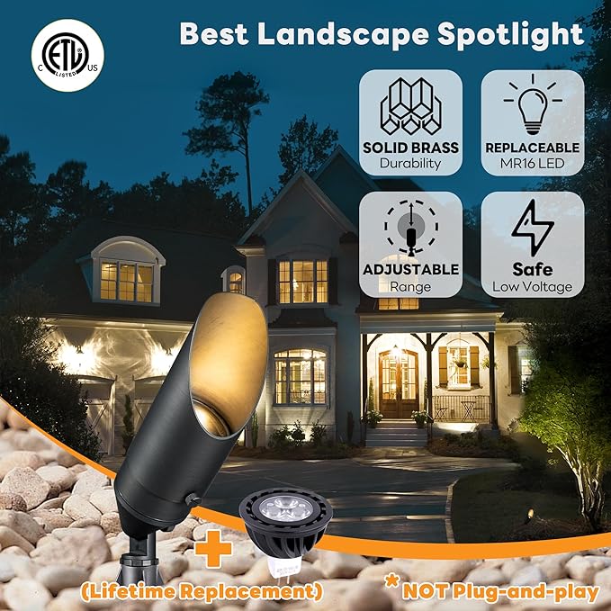 Gardenreet Brass Landscape Lighting - Low Voltage Outdoor Spotlights, Wired LED Uplights 12V, Waterproof Spot Lights, Antique Bronze for Outside Trees with Warm White MR16 Bulb (4 Pack)