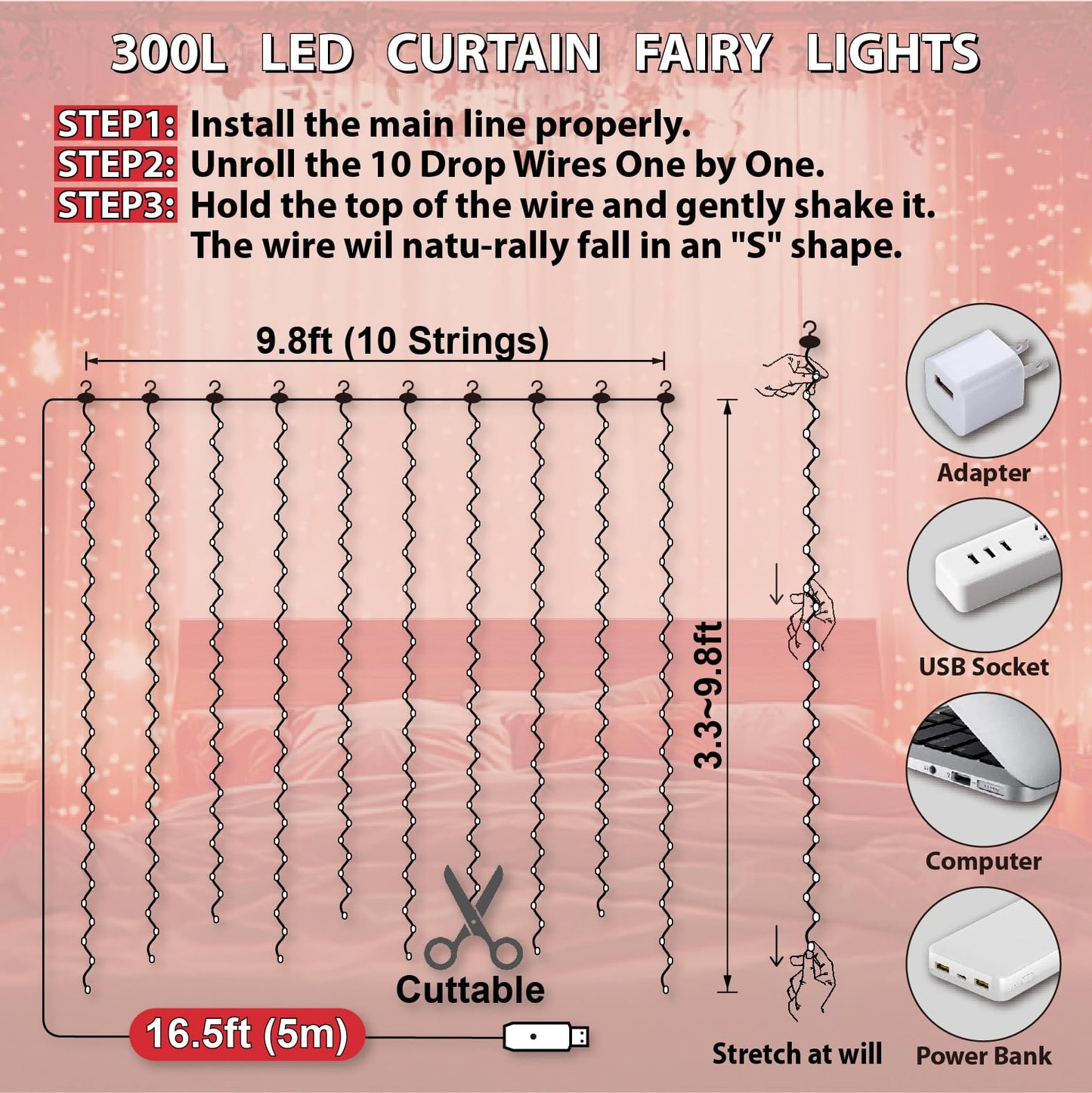 HXWEIYE 300LED Fairy Curtain Lights, 9.8x9.8Ft USB Plug-in 8 Modes Christmas String Hanging Lights with Remote for Bedroom Backdrop Wedding Indoor Wall Decor, Red, Standard – 1 Pack