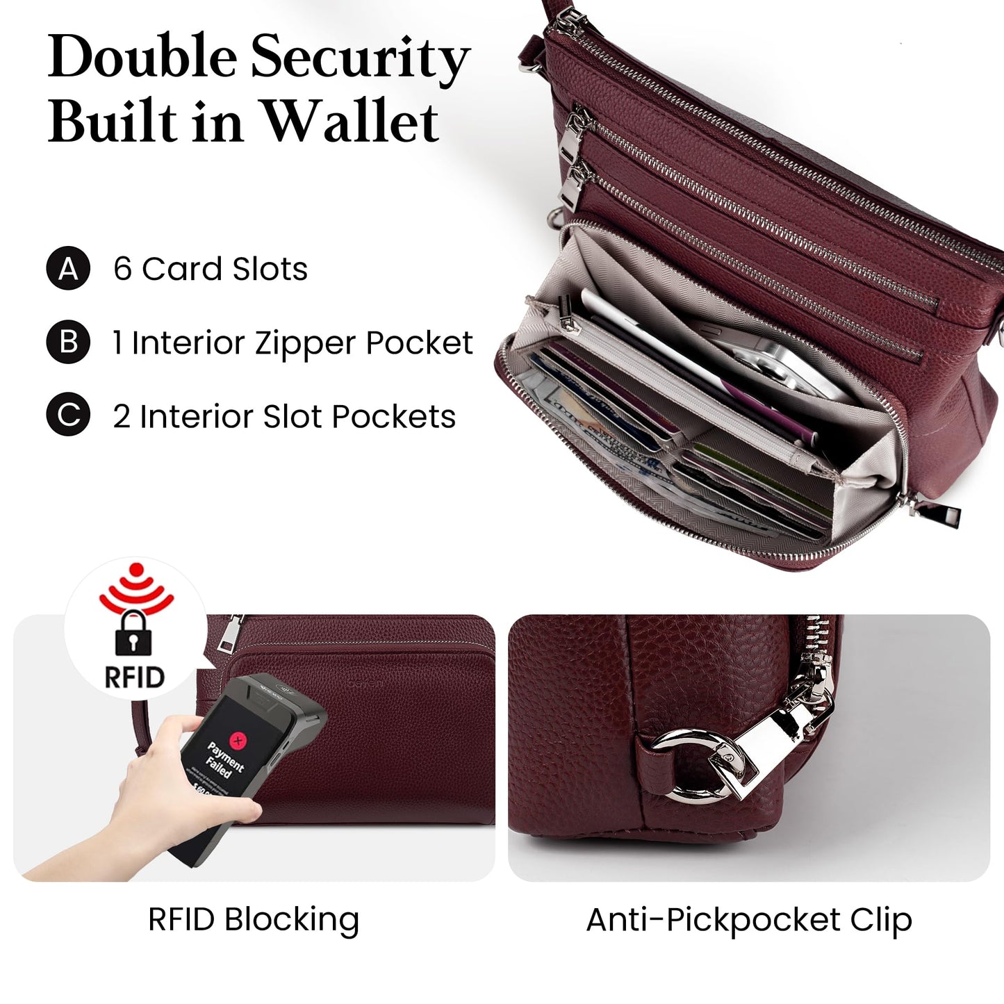 befen Genuine Leather Crossbody Purses for Women, Ladies Anti-Theft Medium Crossbody Shoulder Bags with Built in RFID Blocking Wallet Burgundy Red