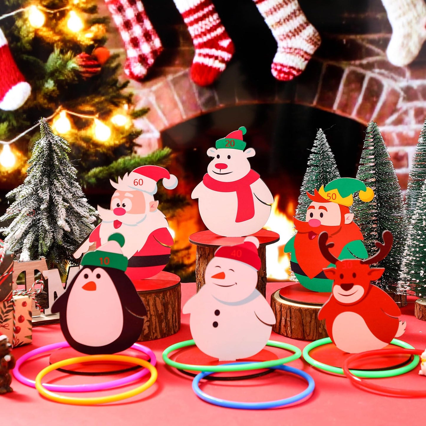 Jenaai 32 Pcs Christmas Snowman Ring Toss Game, Christmas Wooden Ring Toss Game Set for Family Indoor Outdoor Play Xmas Party Supplies Decoration Penguin Bear Santa Claus Deer