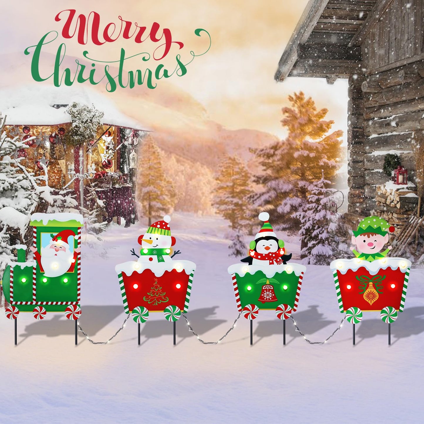 WONDER GARDEN Christmas Metal Yard Stakes, Lighted 4 Pack Christmas Garden Stakes Yard Signs, Outdoor Decorations Train with Santa, Snowman, Penguin, Boy for Lawn Party Outside