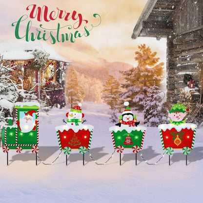 WONDER GARDEN Christmas Metal Yard Stakes, Lighted 4 Pack Christmas Garden Stakes Yard Signs, Outdoor Decorations Train with Santa, Snowman, Penguin, Boy for Lawn Party Outside