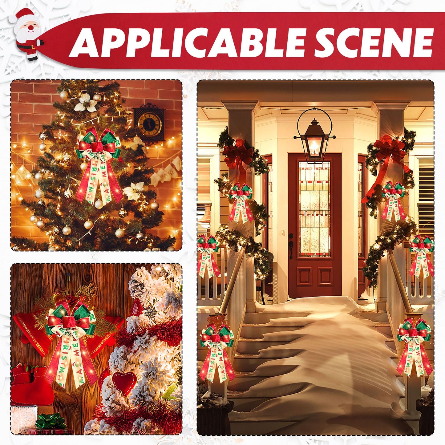 Hying Large LED Christmas Bows for Wreath, Merry Christmas Wreath Bow Red Green Velvet Bows with LED Lights Xmas Farmhouse Tree Topper Bows for Front Door New Year Christmas Decoration Supplies