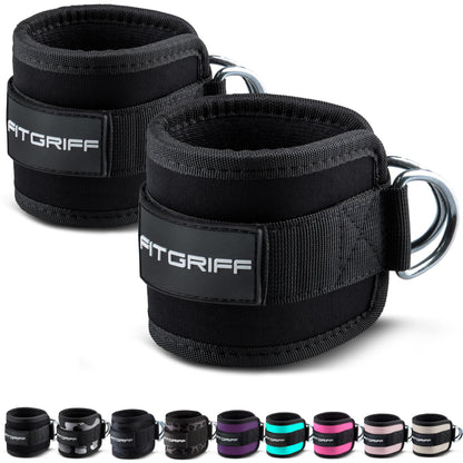 Fitgriff® Ankle Straps V1 for Cable Machine (2 Pieces) - Gym Workout Equipment - Leg Pulley Attachment, Kickback Straps (Black)