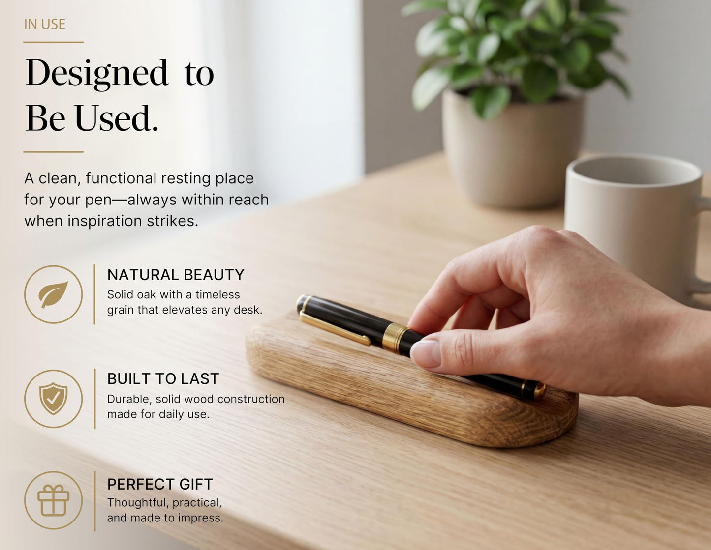 Vorovale Solid Oak Single Pen Tray, Minimalist Desk Organizer, Natural Wood, Handcrafted, Precision Angled Channel