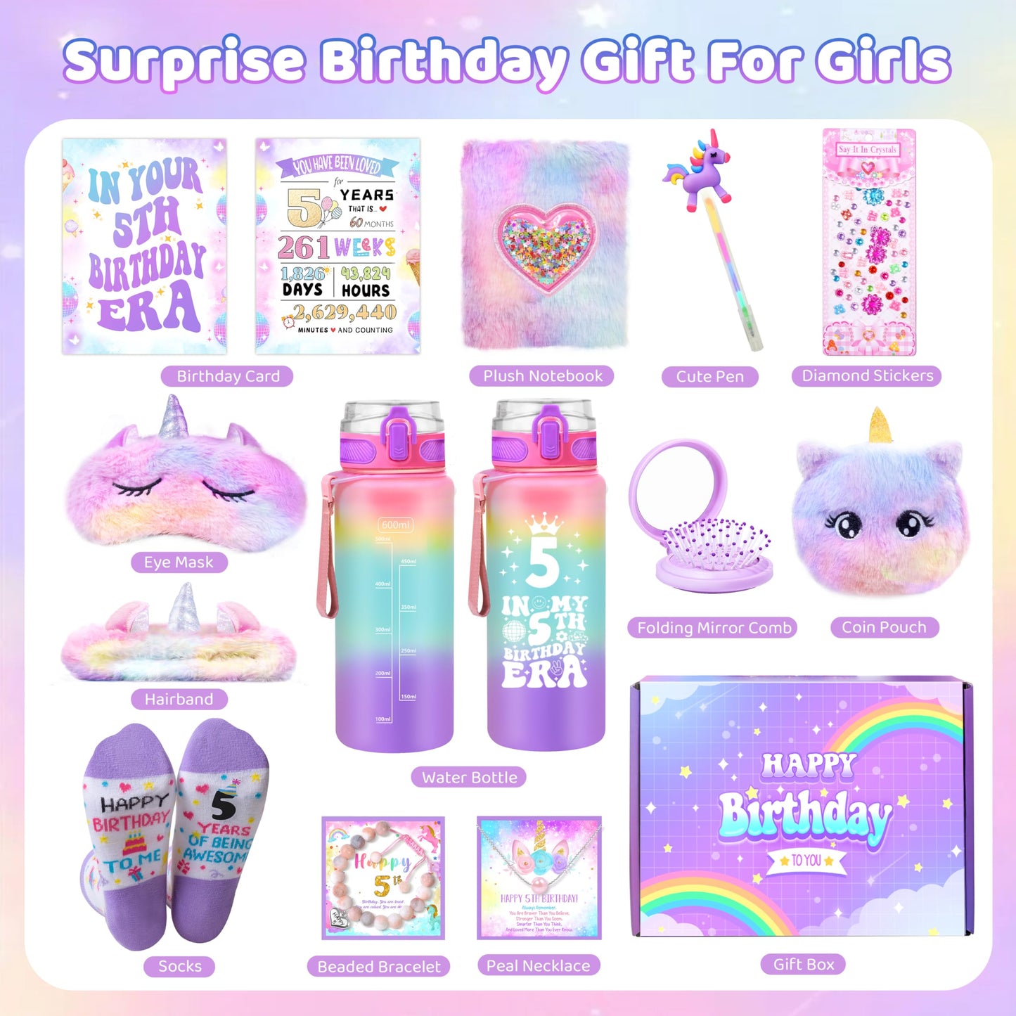 5 Year Old Girl Birthday Gift Ideas, Unicorn Gifts for Girls Age 5, Happy Birthday Gifts for Girls, Fun Decorations Girl Kids Toys Gift Basket for Daughter, Sister, Niece, Granddaughter Christmas