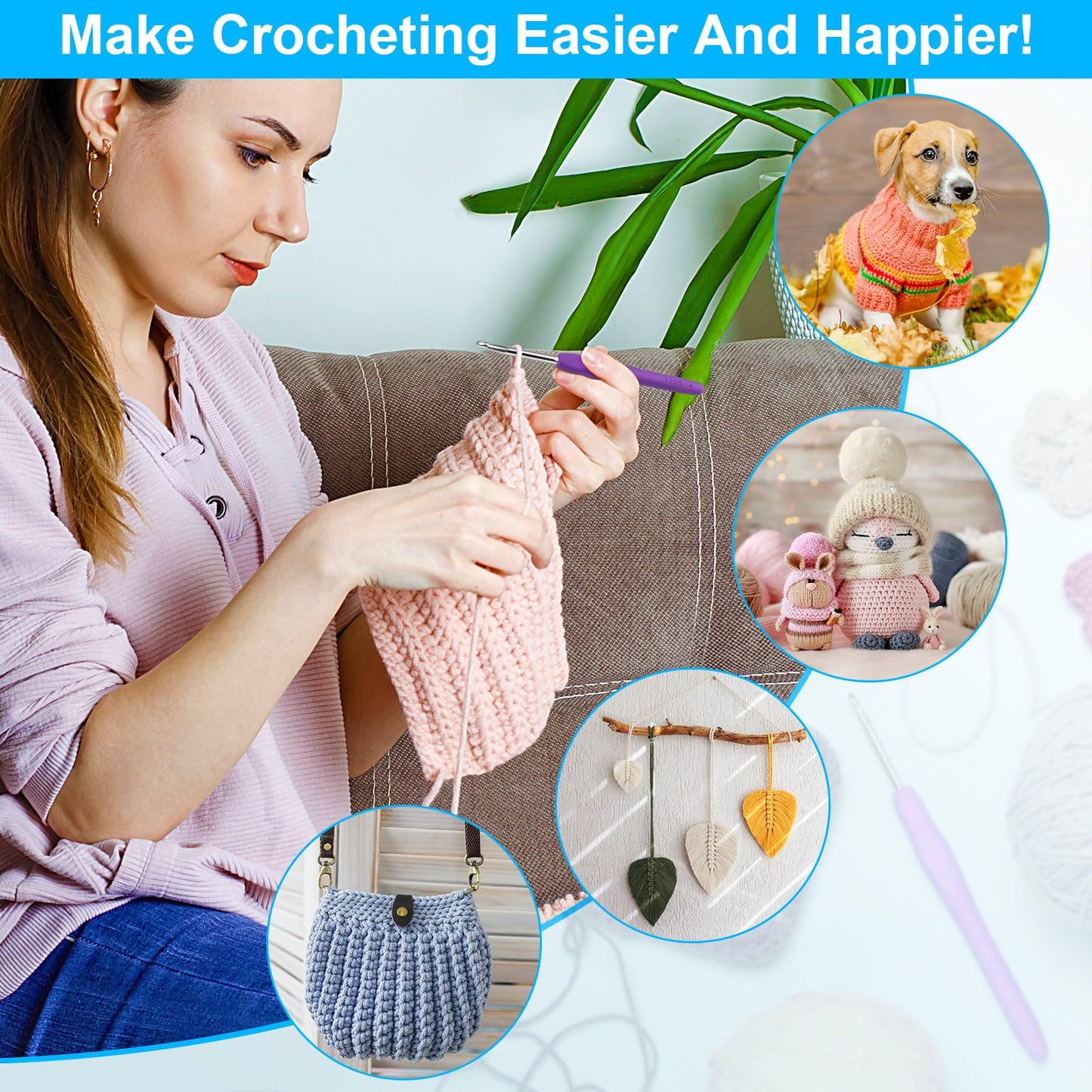 Crochet Hooks 12 Sizes Crochet Hook Set, 51 Pack Yarn Crochet Kit for Beginners, Knitting Needles with Ergonomic Handles for Arthritic Hands, Crochet Needle Kit with Blue Case for Crocheters