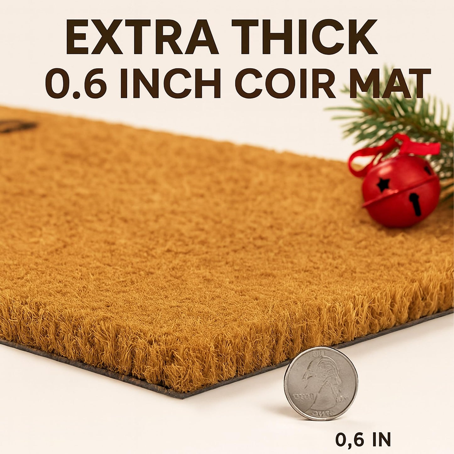 Christmas Door Mat Set 2-Piece, 17"x30" Coir Welcome Mat with Green Tree Pattern and 28"x43" Green White Striped Rug, Layered Front Porch Combo for Holiday Entryway Outdoor Decor