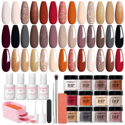AZUREBEAUTY 31 Pcs Dip Powder Nail Kit 20 Colors Glitter Nude Brown Pink White Gray Dip Powder Liquid Set with Top/Base Coat Activator for French Nails Art Manicure DIY Salon Women Valentine's Gift