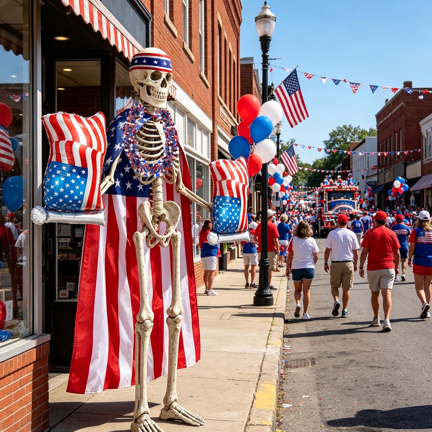 DECYOOL 4th of July 12ft Skeleton Cloth Set USA Flag Costume Patriotic Skeleton Outfits Accessories Cape Headband Balloon Scarf Flag Banner for Garden Lawn Patio Independence Day Decor