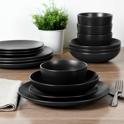 Gibson Home Queenslane 16 Piece Double Bowl Plates and Bowls Dinnerware Sets - Matte Blue