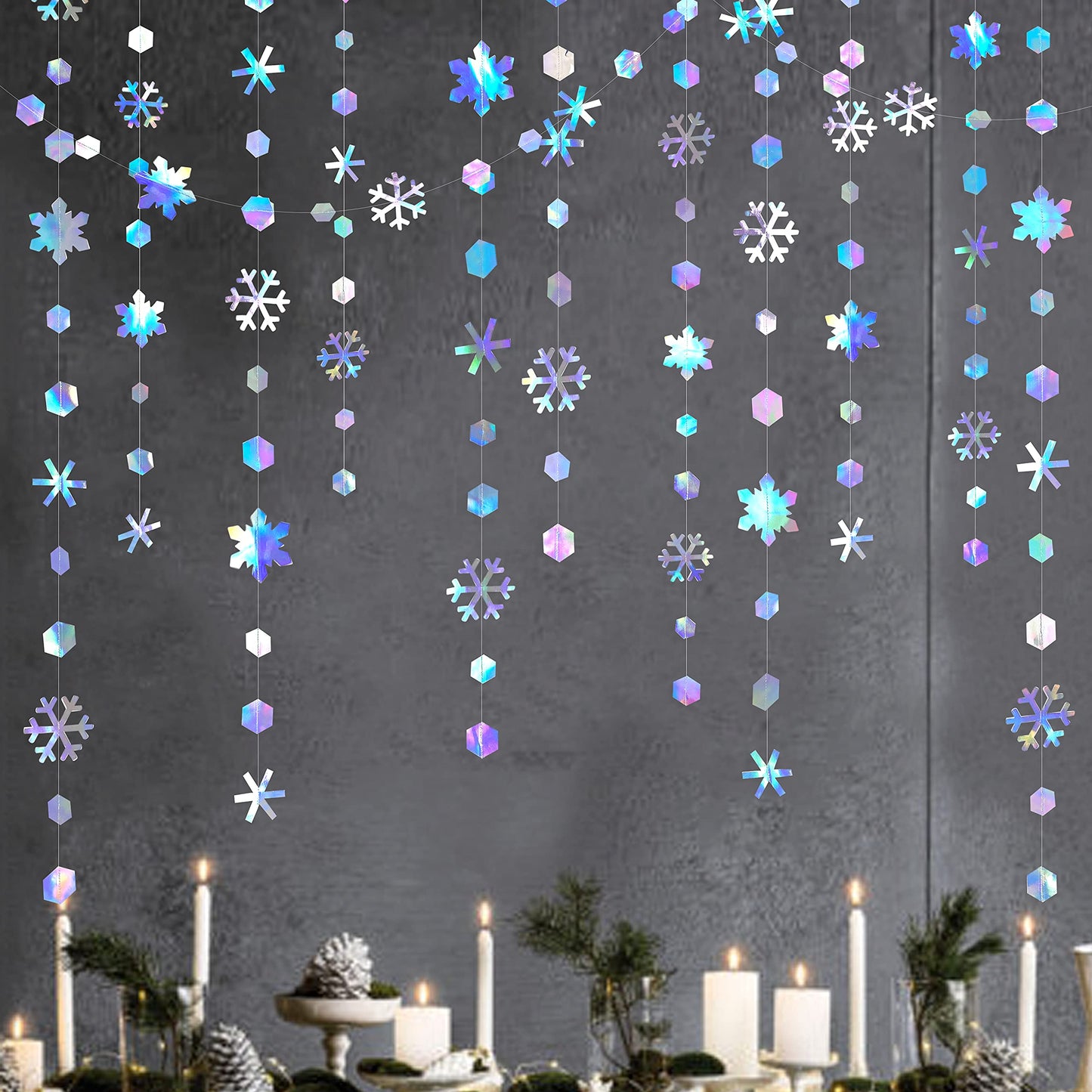 Clearance Winter Wonderland Party Decorations Iridescent Snowflake Garland Holographic Paper Snowflake Streamer for Winter Onederland Christmas Frozen Birthday Wedding Bridal Shower Party Supplies