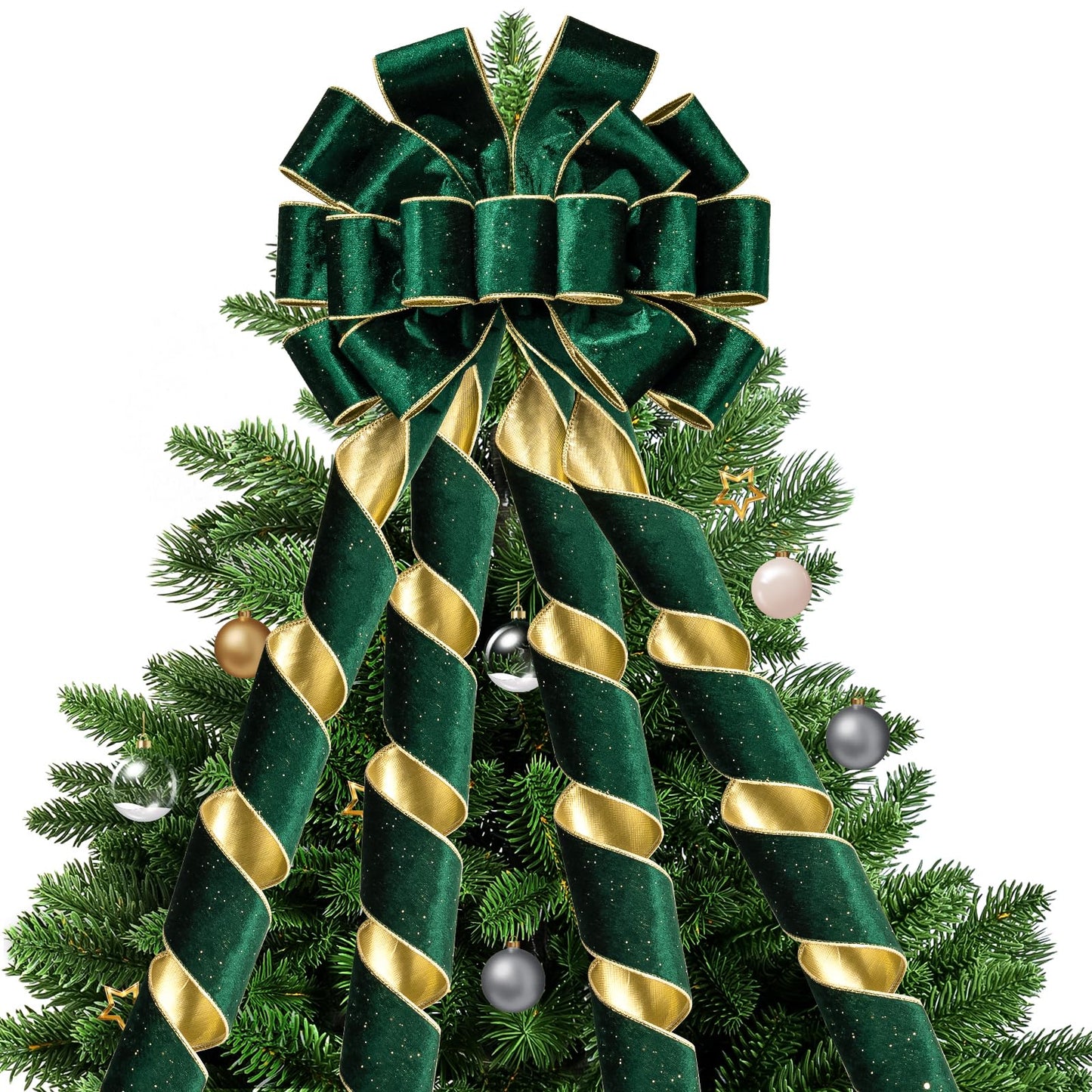 WRAPAHOLIC Large Christmas Tree Topper Bow - 13 x 52 Inch Green Glitter Christmas Tree Topper Ribbon Bow Wreath Bows with Wired Edge for Xmas Ornament Indoor Outdoor Decoration