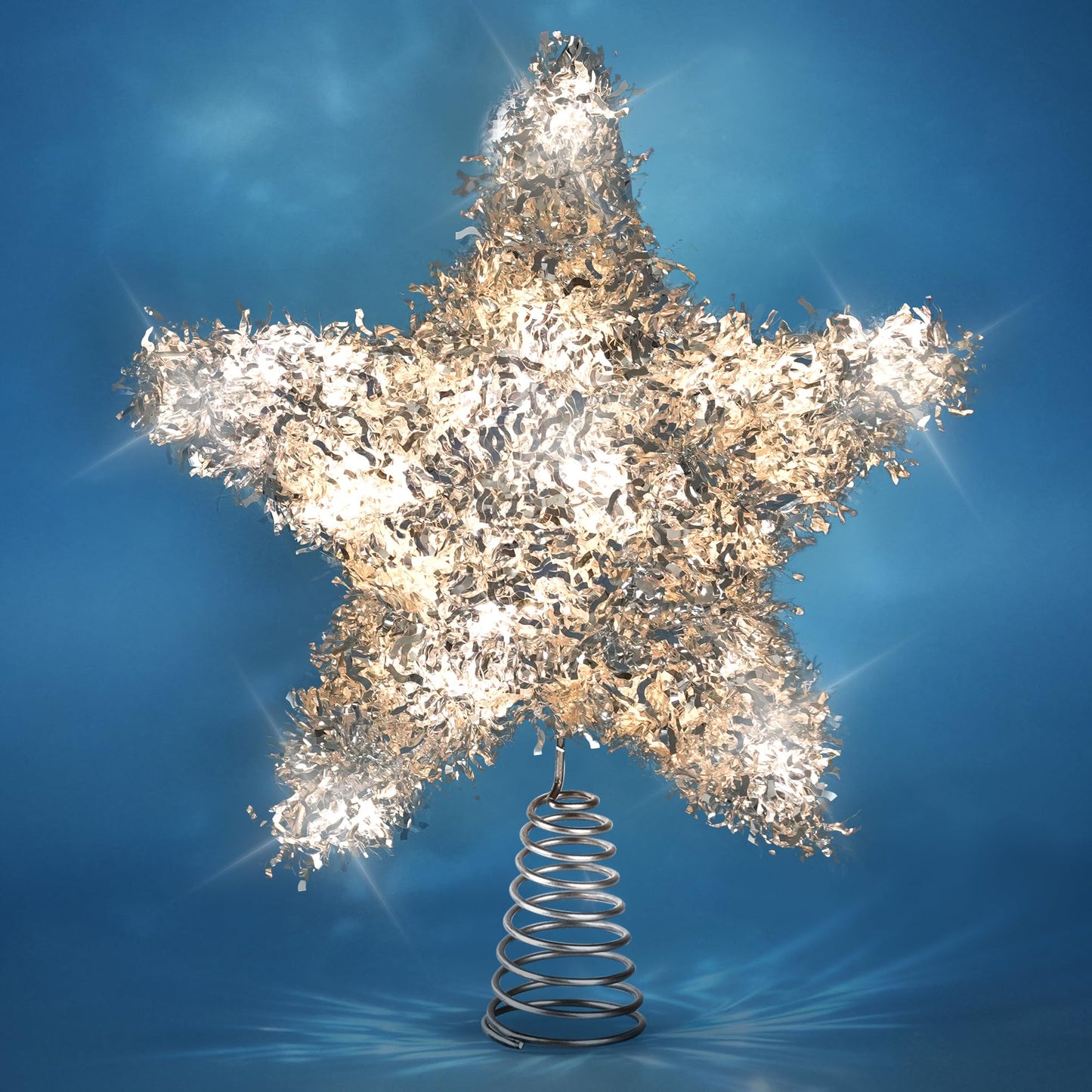 LAWOHO Christmas Tree Topper Star, Exquisite Christmas Decor, 10 Inch Shiny Silver Christmas Tree Decoration with 6H Timer, 20 Warm LED Lights for Xmas Tree, Holiday & Party, Indoor Decor