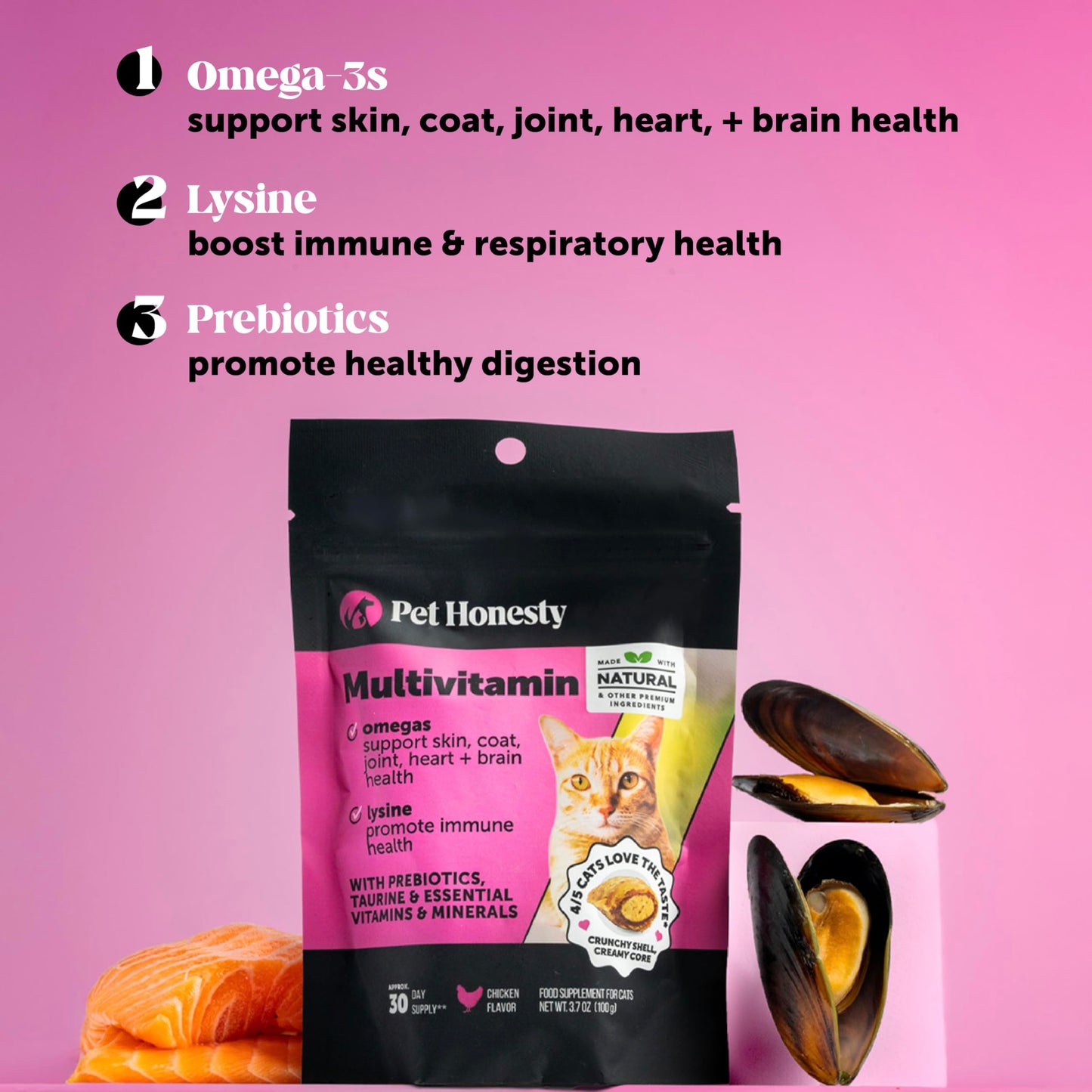 Cat Multivitamin Chews - Cat Treats for Health + Immune, Joint Support, Skin & Coat, and Digestion - Omega 3s, Lysine & Probiotics for Cats, Vitamins for Cats - Chicken (90-Day Supply)
