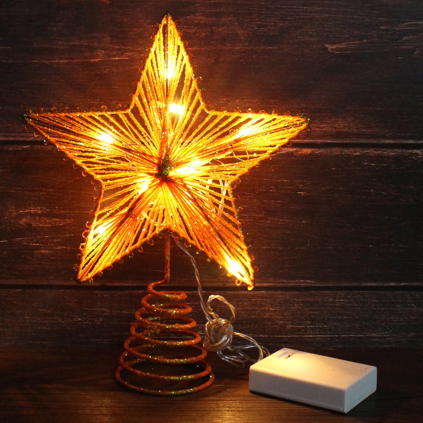 CVHOMEDECO. Champagne Gold Glittered 3D Tree Top Star with Warm White LED Lights and Timer for Christmas Tree Topper Decoration and Holiday Seasonal Décor, 8 x 10 Inch