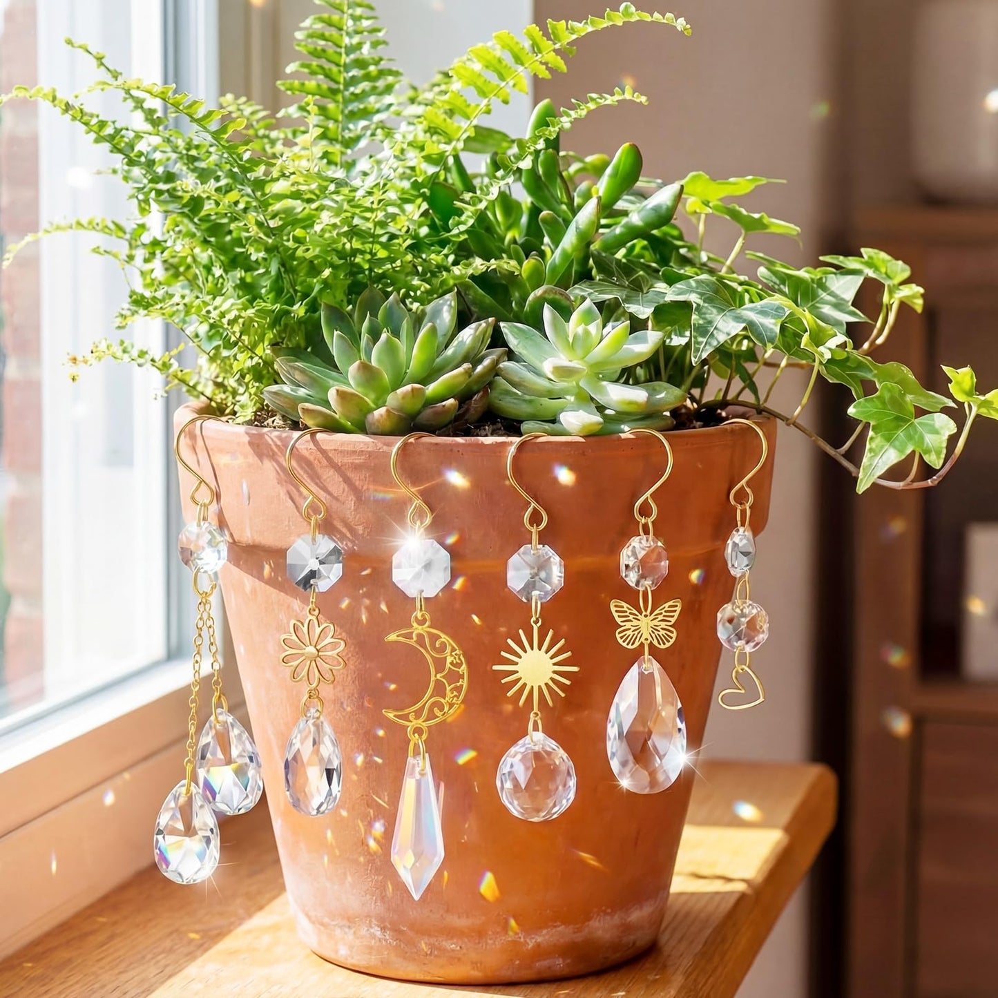 MTLEE 6 Pcs Crystal Suncatchers Plant Decorations Charms Hanging Prisms for Window Indoor Garden Plant Pot Holder Hanger Tree Vine Home Chandeliers Outdoors(Fresh)