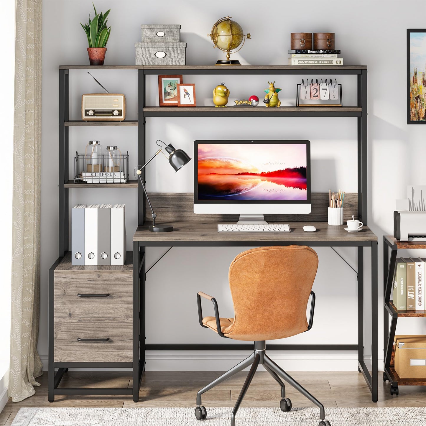 Tribesigns 55 Inch Computer Desk with 2 Drawers and Storage Shelves, Rustic Office Desk with Hutch, Study Writing Gaming Table Laptop Workstation for Home Office (Grey)