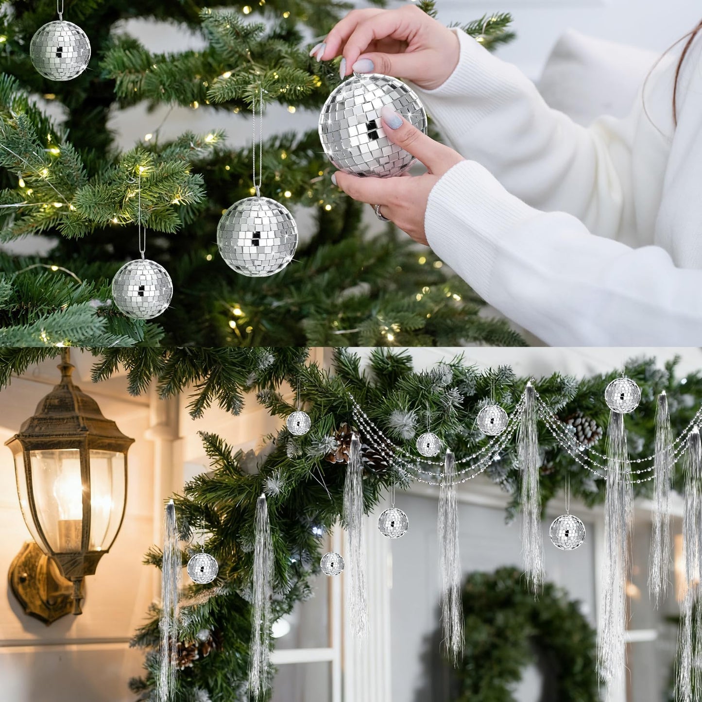 Thyle 10022 Pcs Disco Christmas Decor 20 Mirror Disco Balls 10000 Silver Tinsel Icicle Strands Glittered Star Tree Topper Ornaments 10 Meter Beaded for Christmas Party Supplies