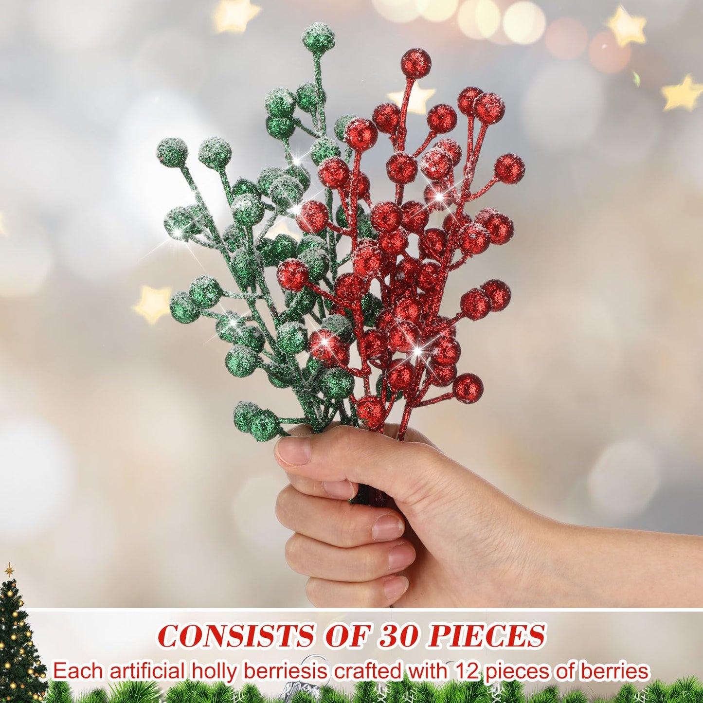 Geosar 30 Pieces Artificial Christmas Berry Picks with Snowflake Glitter Holly Berry Stems for Christmas Tree Ornaments Vases DIY Crafts Wedding Party Holiday Decor(Glitter Red, Light Green)