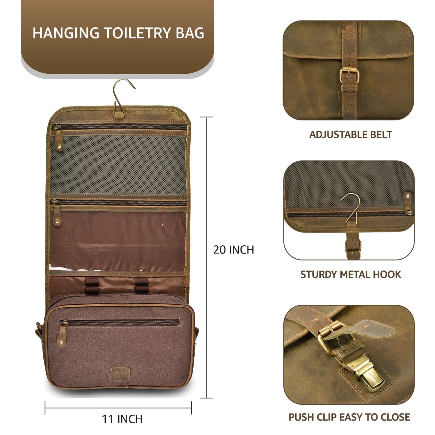 LEATHER VILLAGE Hanging Genuine Leather Toiletry Bag for Men – Handcrafted Vintage Travel Dopp Kit with Waterproof Lining, Shaving Organizer and Shower Bathroom Essentials Case - Mud