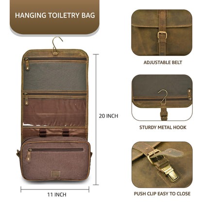 LEATHER VILLAGE Hanging Genuine Leather Toiletry Bag for Men – Handcrafted Vintage Travel Dopp Kit with Waterproof Lining, Shaving Organizer and Shower Bathroom Essentials Case - Mud