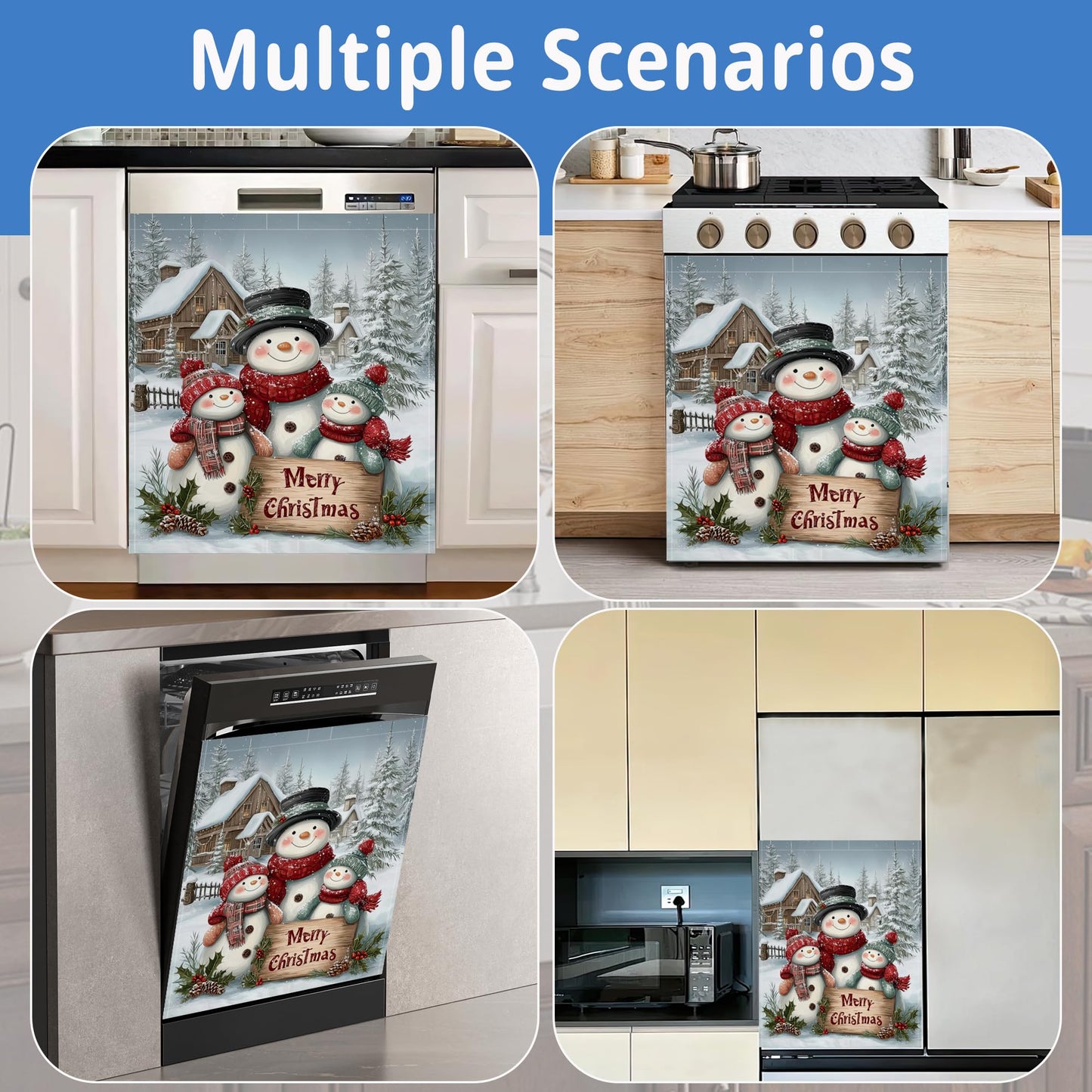 Merry Christmas Magnetic Dishwasher Cover,Washable Reusable Cute Snowmen Refrigerator Appliance Front Panel for Kitchen Decor,23 x 26 Inch