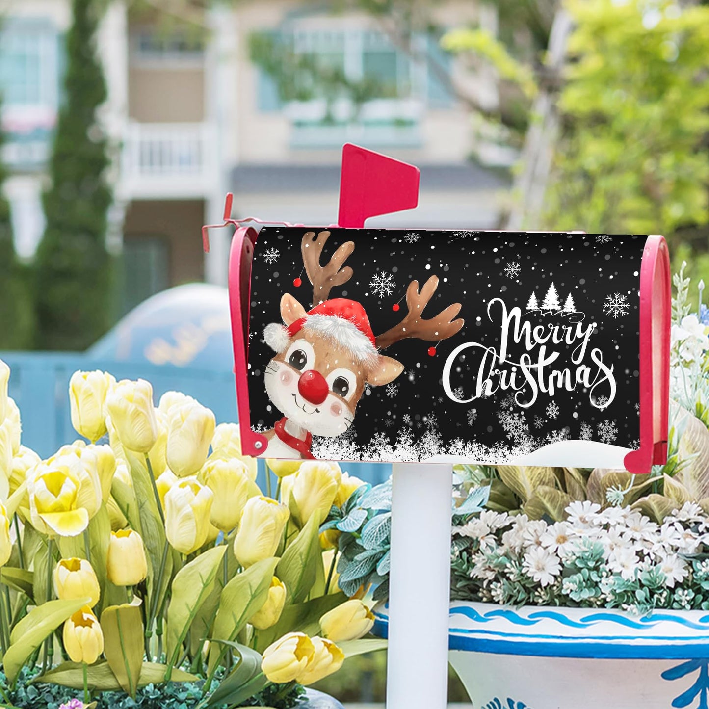Anyako Merry Christmas Reindeer Black Mailbox Covers Magnetic Standard Size 18" X 21",Winter Snowflake Mailbox Wraps Post Letter Winter Box Cover for Holiday Garden Yard Decor