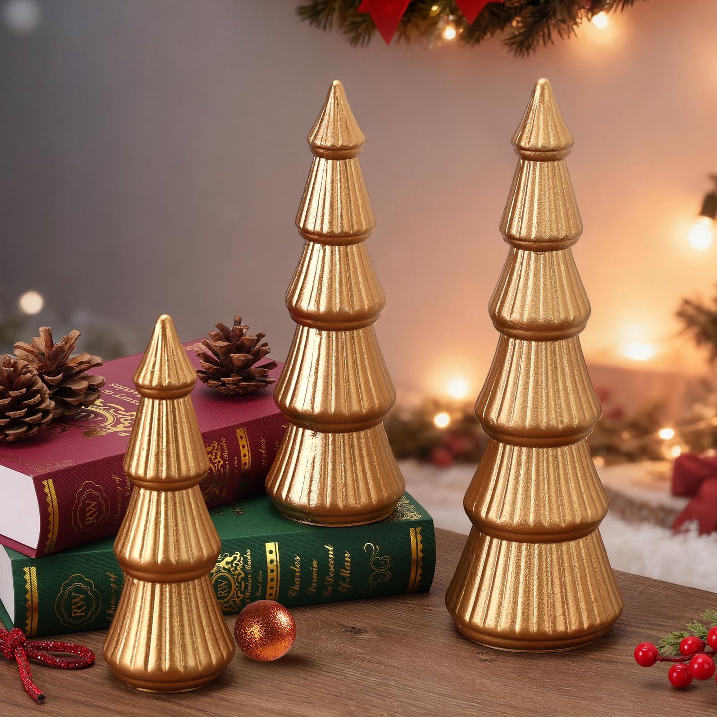 Fivebop Wooden Christmas Tree Figurine, 3 Pcs Tabletop Xmas Tree, Christmas Centerpiece Decor for Home Entryway Mantel Shelf Table Fireplace Holiday (Glod-Wood)