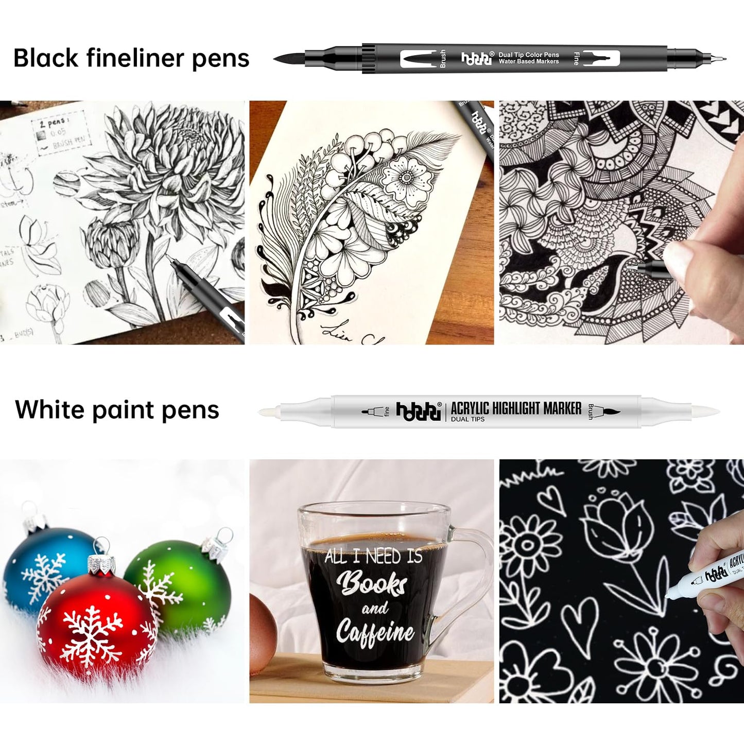 hhhouu 17Pack Dual Tip Black & White Brush Pens- Fineliner & Highlighting Set for Artists, Illustrators & Comic Drawing Smooth Ink Flow, Smudge-Free HO-17BW