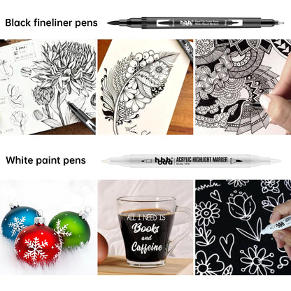 hhhouu 17Pack Dual Tip Black & White Brush Pens- Fineliner & Highlighting Set for Artists, Illustrators & Comic Drawing Smooth Ink Flow, Smudge-Free HO-17BW