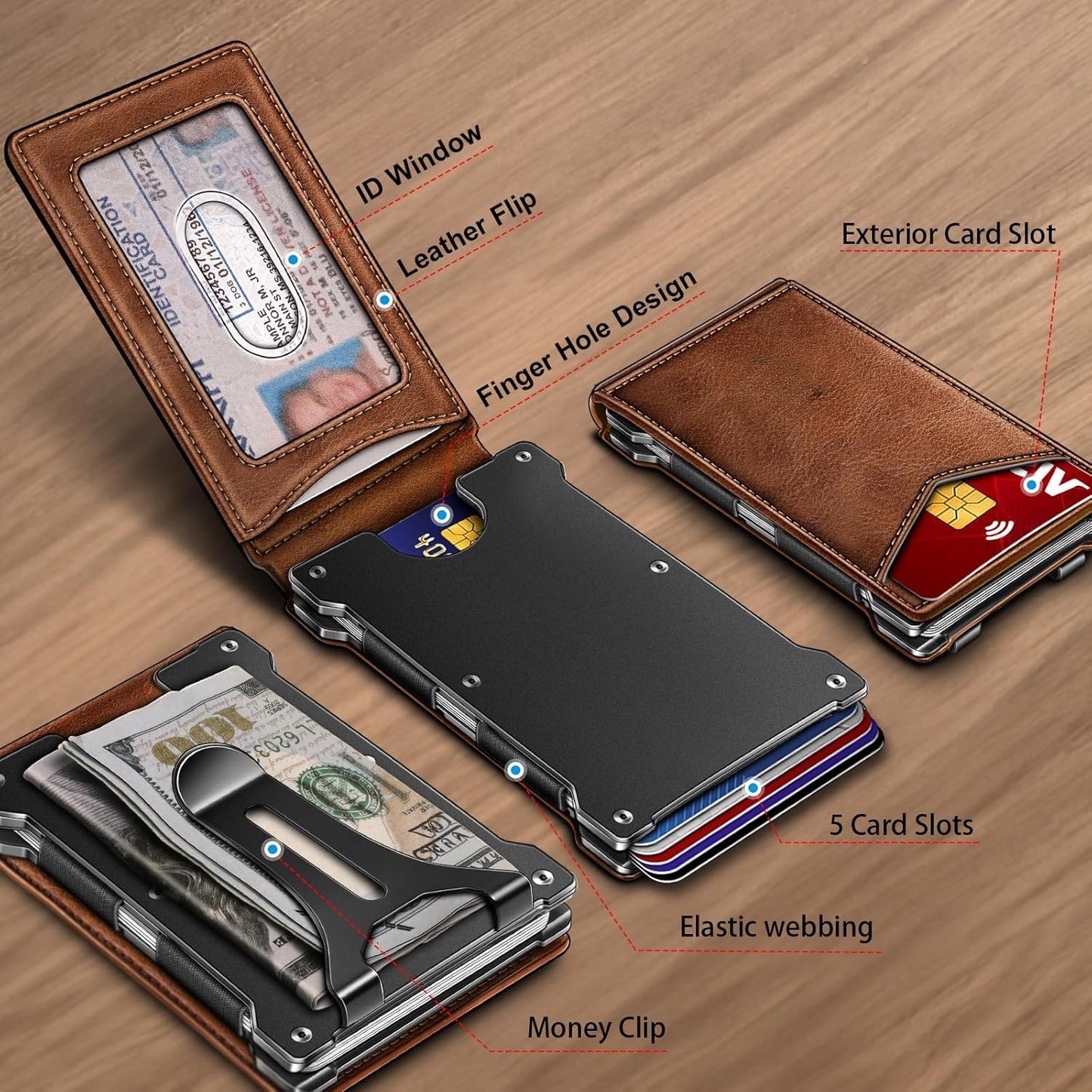 Men's Slim RFID Blocking Wallet Genuine Leather Front Pocket Design with Money Clip Holds 12 Cards Magnetic Flip Case (Brown)