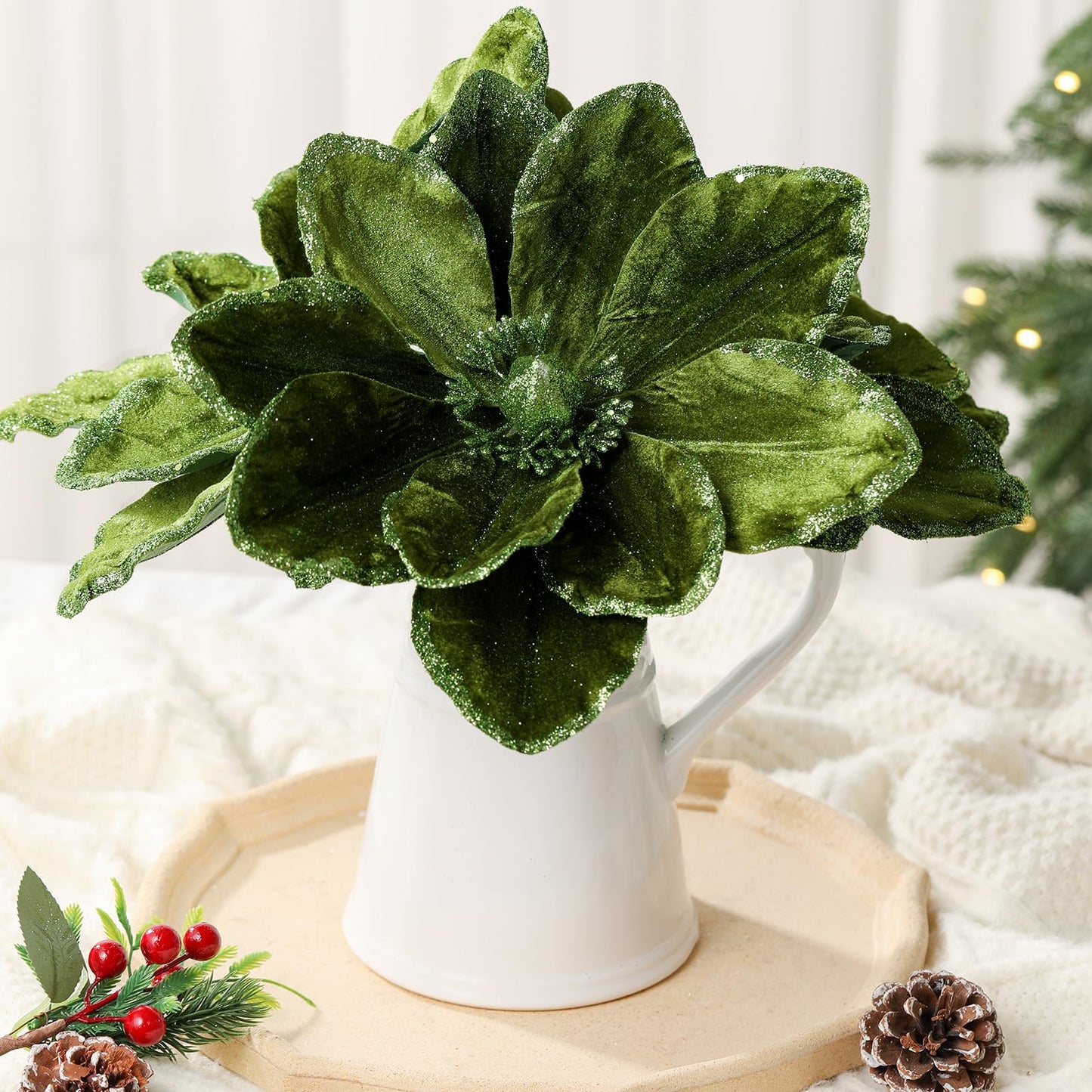 Thiccywoov 8 Pcs Large 12'' Christmas Flower Forest Green Magnolia Flowers Christmas Tree Decoration Artificial Poinsettia Stems Velvet Xmas Ornaments for Xmas Tree Table Decor