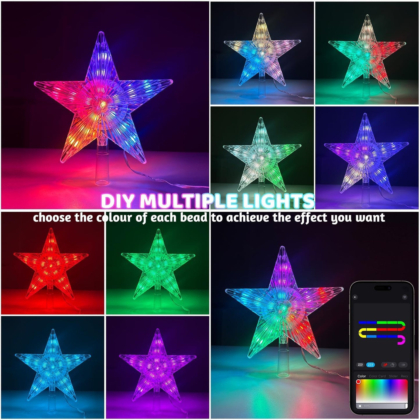 Christmas Tree Topper LED Lighted Star Tree Top APP Control, 5-Point Star RGB Night Light Treetop, Small Xmas Tree Decor for Christmas, USB Plug in/Wire 9.84Ft