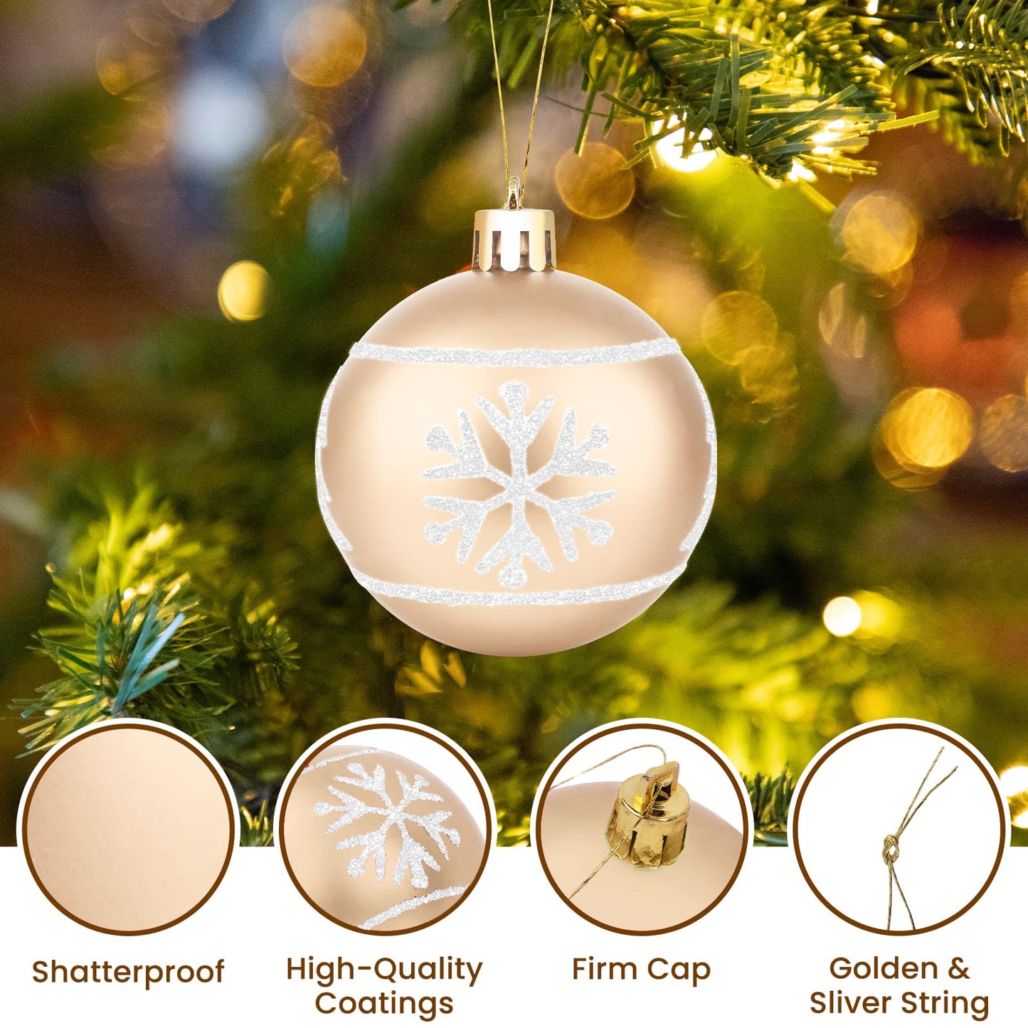 FestiveBliss Christmas Ornaments 71 Count, Christmas Decorations for Tree, 23, Shatterproof Champagne & White Ornaments Christmas
